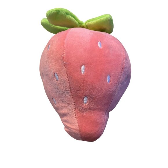 Strawberry Plush Stuffed Toy Pink With Green Leaves & White Seed Accents - Picture 1 of 3